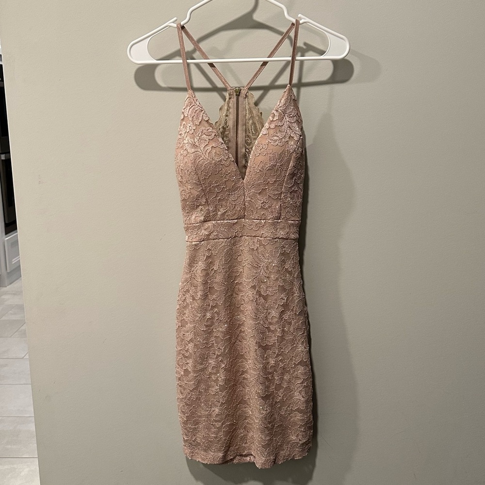Womens Beige Lace Low Back Spaghetti Strap V Neck Mini Party Bodycon Dress